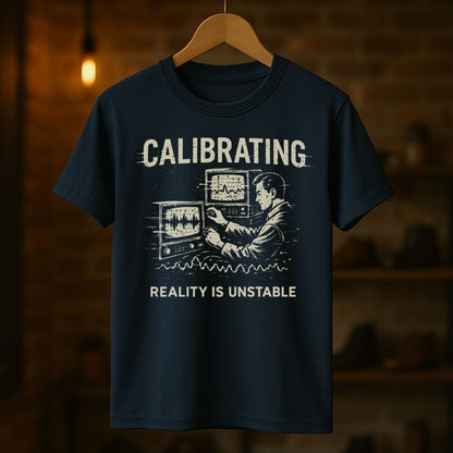 Navy blue t-shirt with graphic design and text 'CALIBRATING REALITY IS UNSTABLE' on a wooden hanger against a dark background.