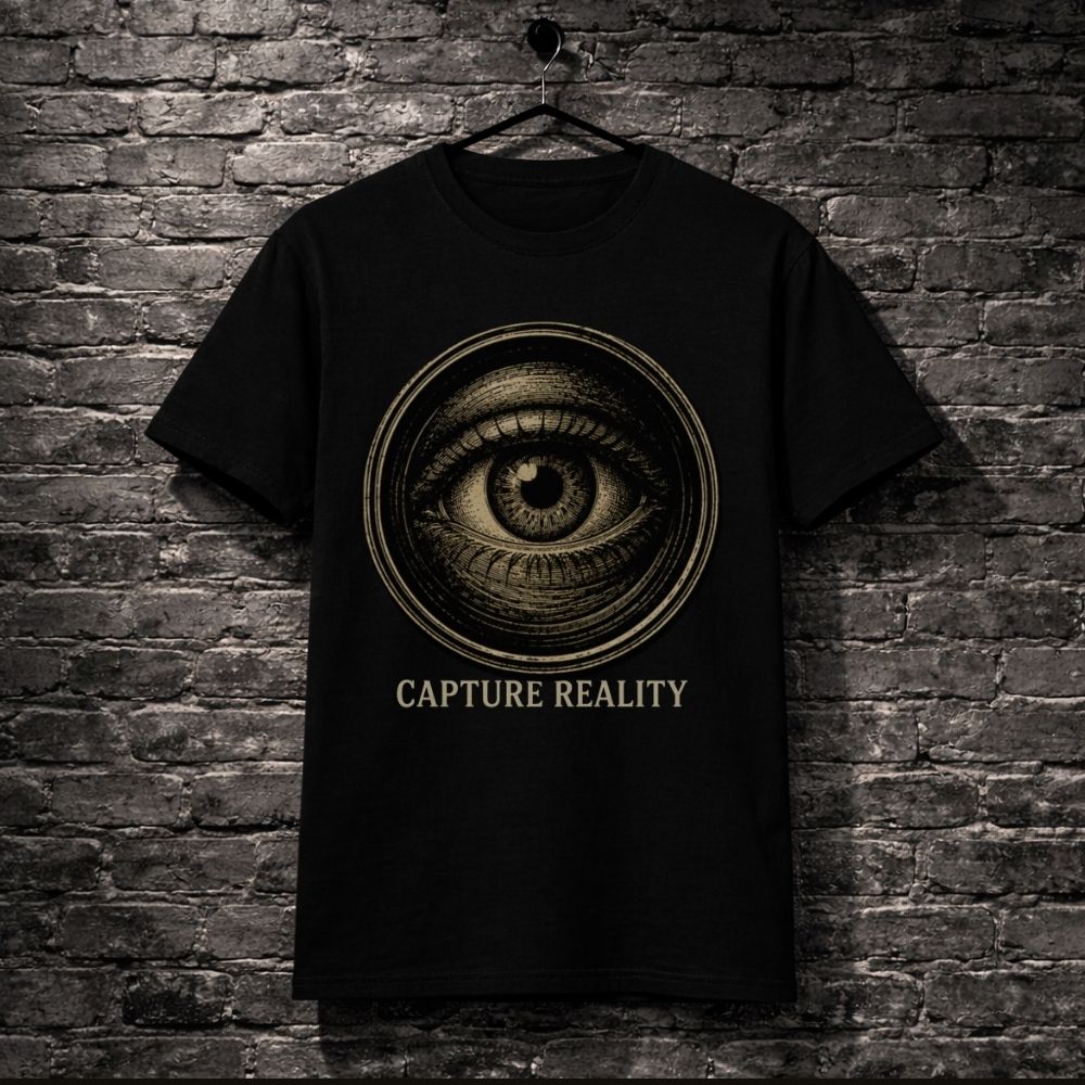 Black t-shirt with eye design and 'Capture Reality' text on a brick wall background