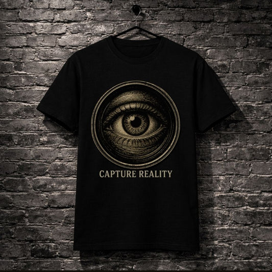 Black t-shirt with eye design and 'Capture Reality' text on a brick wall background