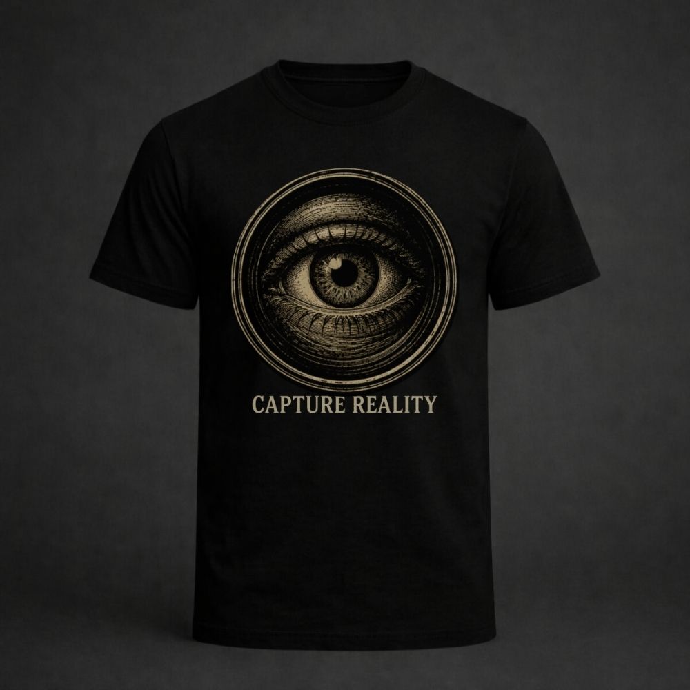Black t-shirt with eye design and 'Capture Reality' text on a dark background