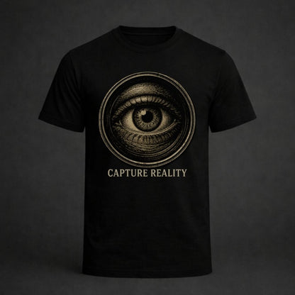 Black t-shirt with eye design and 'Capture Reality' text on a dark background