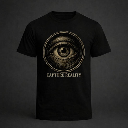 Black t-shirt with eye design and 'Capture Reality' text on a dark background