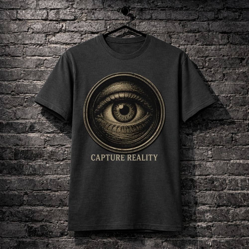 Black t-shirt with eye design and 'Capture Reality' text on a brick wall background