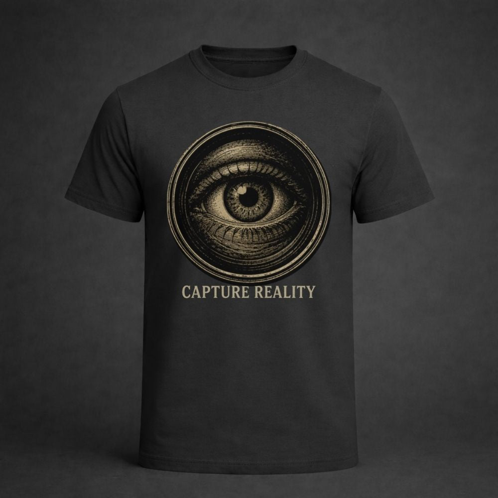 Black t-shirt with eye design and 'Capture Reality' text on a dark background