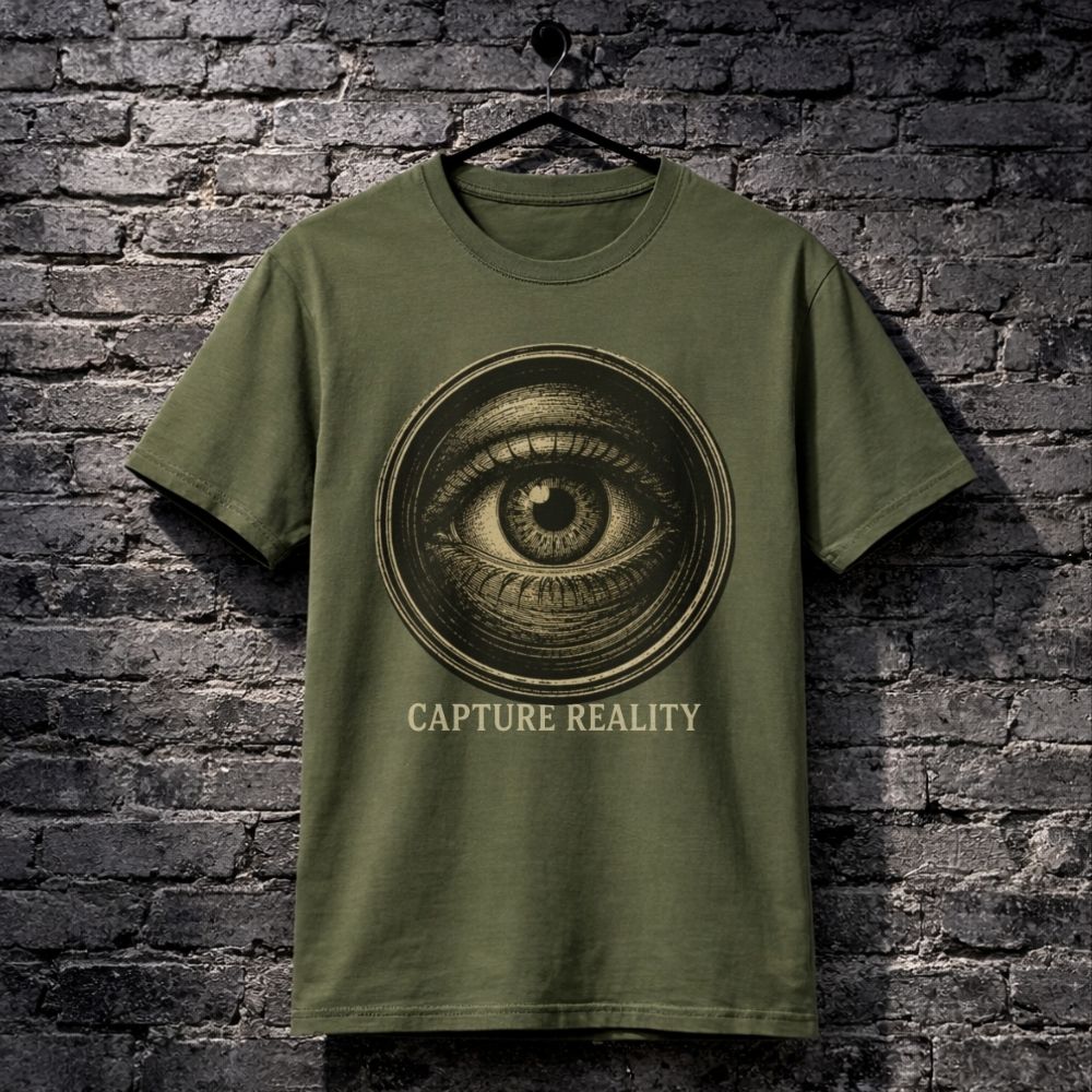 Green t-shirt with eye design and 'Capture Reality' text on a brick wall background