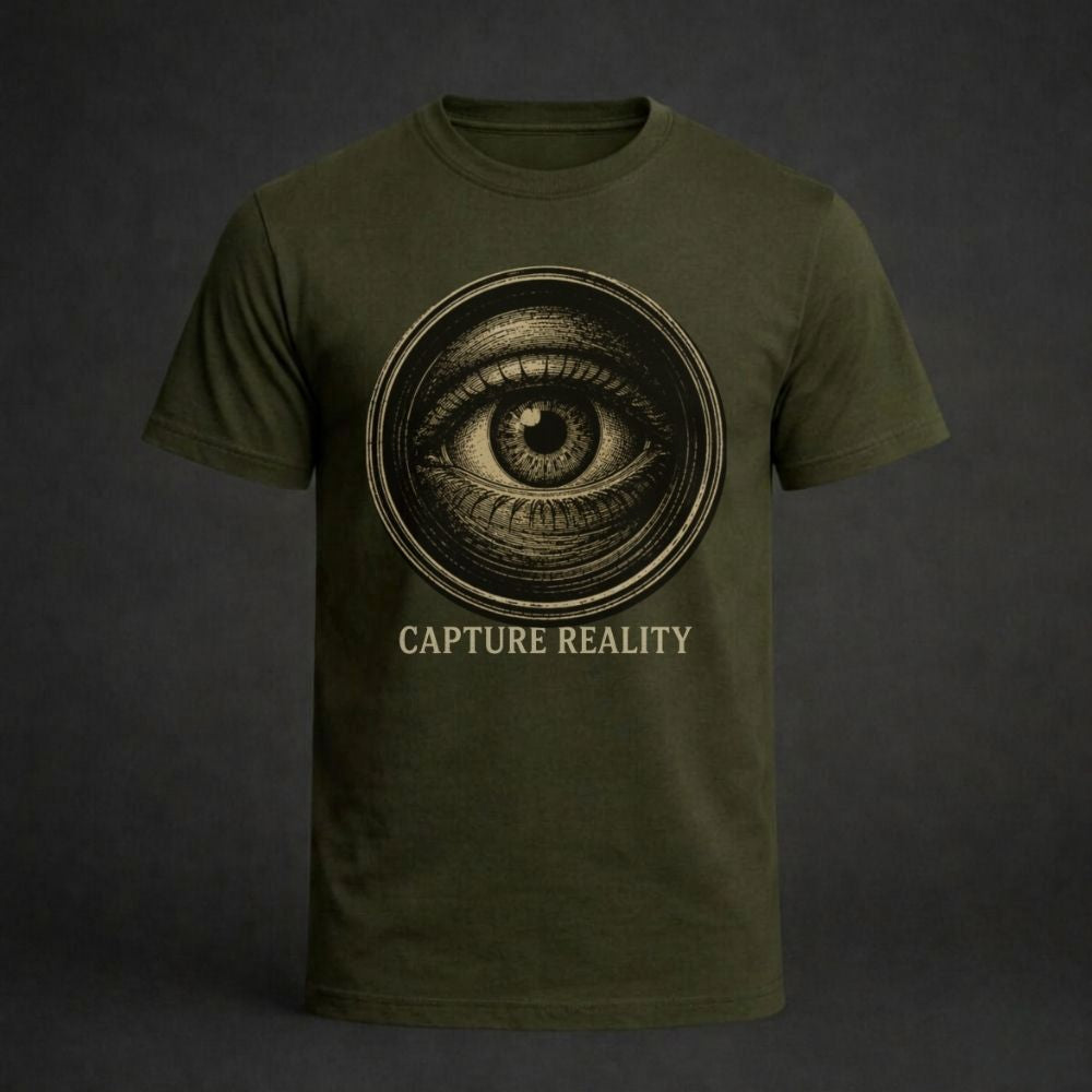 Green t-shirt with eye graphic and 'Capture Reality' text on a dark background