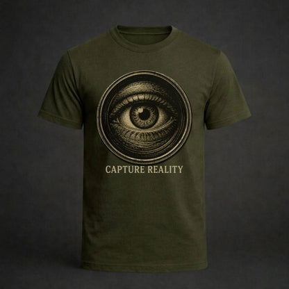Green t-shirt with eye graphic and 'Capture Reality' text on a dark background