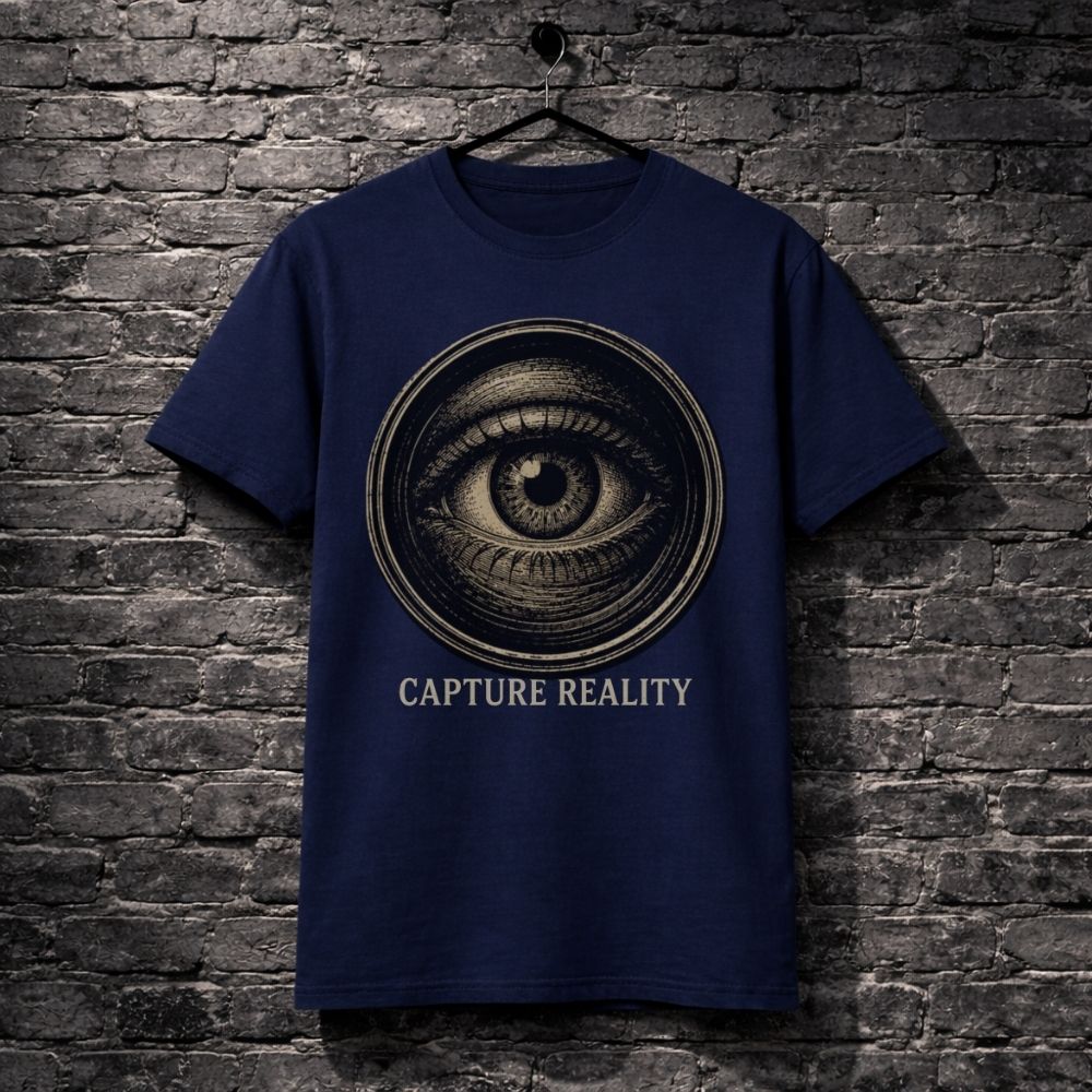 Navy blue t-shirt with eye design and 'Capture Reality' text on a brick wall background