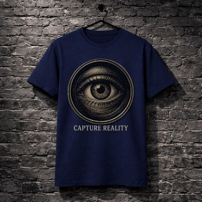 Navy blue t-shirt with eye design and 'Capture Reality' text on a brick wall background