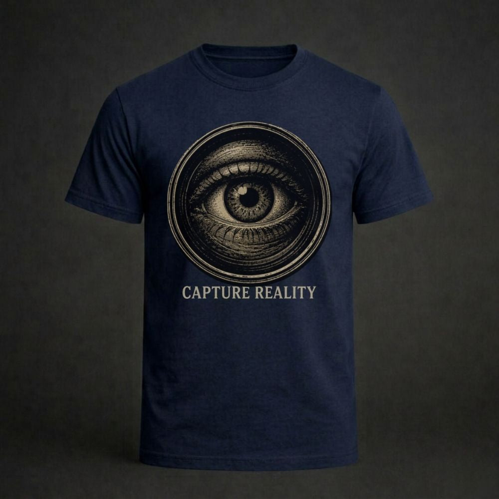 Navy blue t-shirt with eye design and 'Capture Reality' text on a dark background
