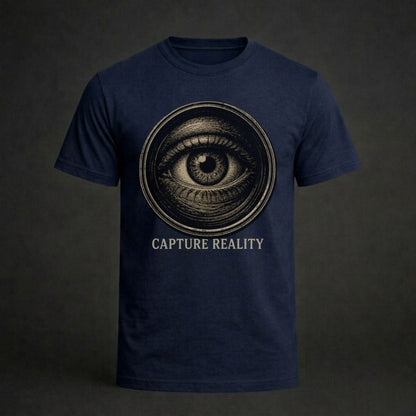 Navy blue t-shirt with eye design and 'Capture Reality' text on a dark background