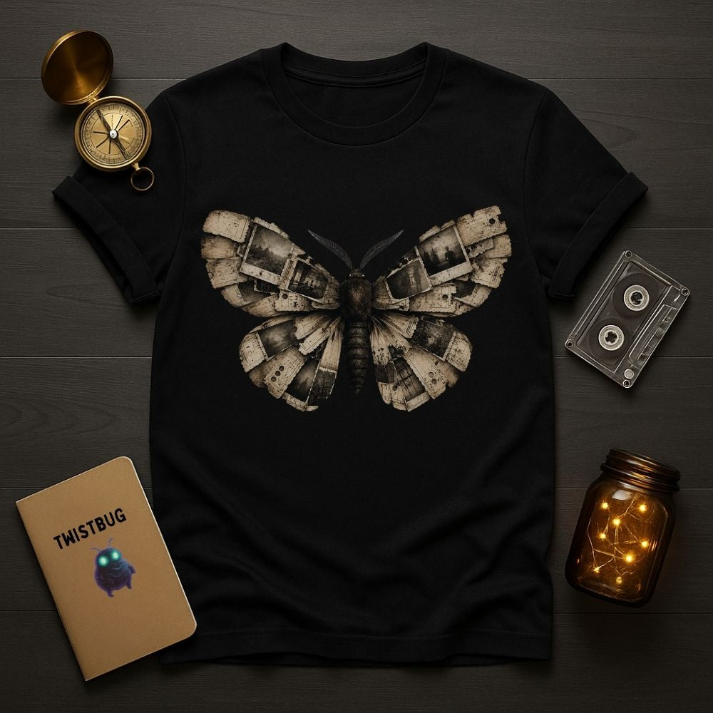 A black short-sleeve T-shirt laid flat on a dark wood surface, featuring a large moth graphic made from stacked mechanical parts in muted beige, gray, and brown tones. Surrounding props include a brass compass, a cassette tape, a notebook labeled TWISTBUG, and a lit amber glass jar.