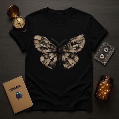 A black short-sleeve T-shirt laid flat on a dark wood surface, featuring a large moth graphic made from stacked mechanical parts in muted beige, gray, and brown tones. Surrounding props include a brass compass, a cassette tape, a notebook labeled TWISTBUG, and a lit amber glass jar.