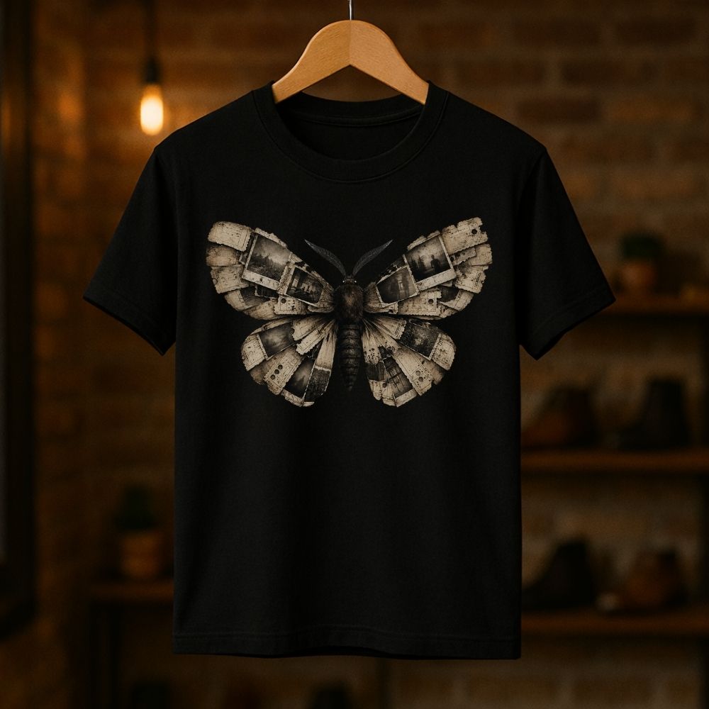 A black short-sleeve crewneck t-shirt hanging on a wooden hanger against a warm, blurred brick wall background. The shirt features a large, detailed graphic of a moth with wings made of metallic gears and cogs in shades of gray, silver, and bronze.