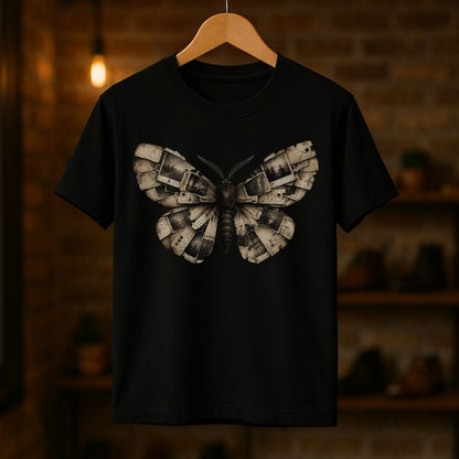 A black short-sleeve crewneck t-shirt hanging on a wooden hanger against a warm, blurred brick wall background. The shirt features a large, detailed graphic of a moth with wings made of metallic gears and cogs in shades of gray, silver, and bronze.