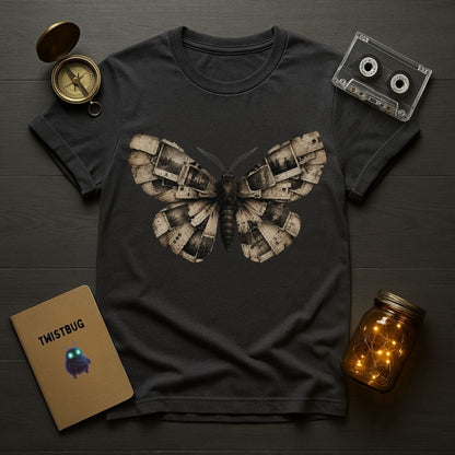 A dark charcoal gray crewneck t-shirt featuring a detailed graphic of a moth constructed from vintage cassette tapes and mechanical parts. The shirt is presented in a flat-lay arrangement on a dark wood background, surrounded by thematic props including a vintage compass, a cassette tape, a Twistbug notebook, and a glowing amber glass jar.