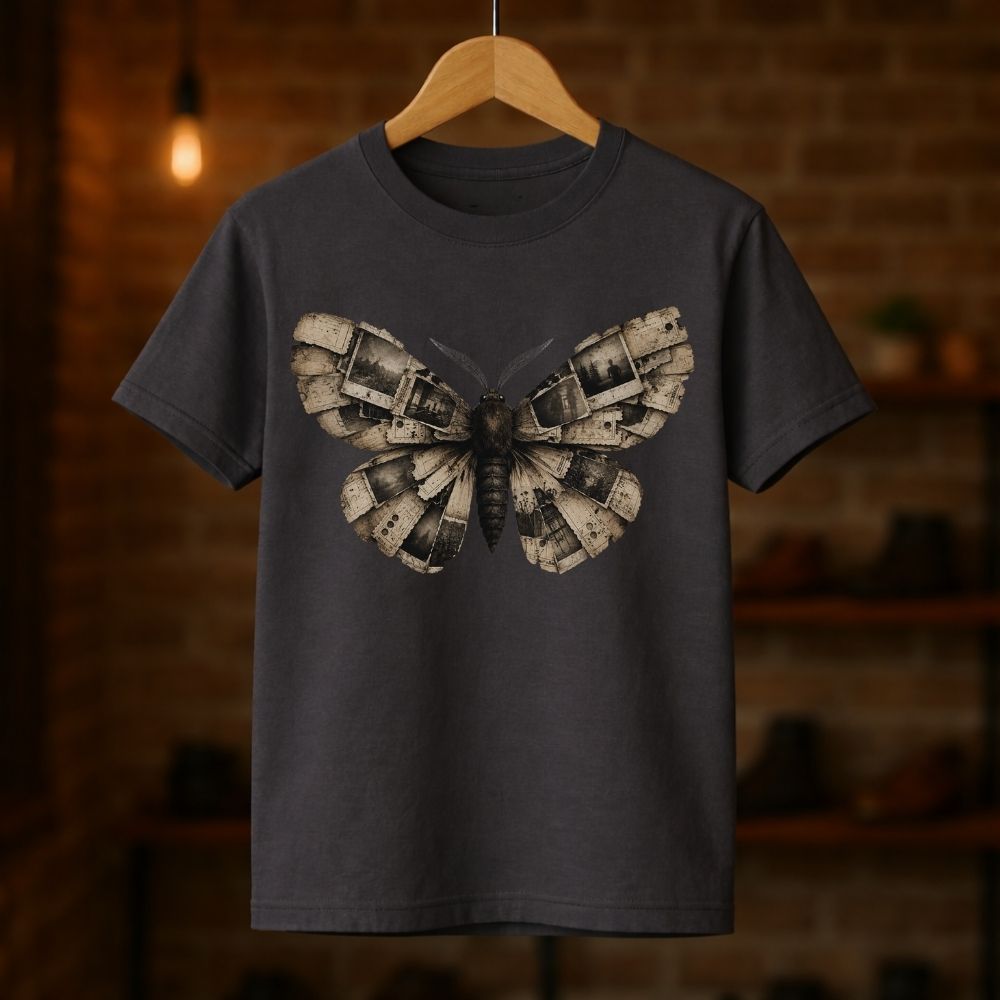 A dark charcoal gray t-shirt hanging on a wooden hanger against a warm, blurred brick wall background. The shirt features a large graphic print of a butterfly or moth constructed from metallic gears and cogs in shades of silver, gray, and black.