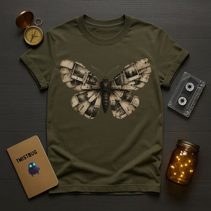 An olive green short-sleeve t-shirt with a large moth made of broken mechanical parts printed on the front, styled in a flat-lay with a compass, cassette tape, notebook, and mason jar on a dark wood background.