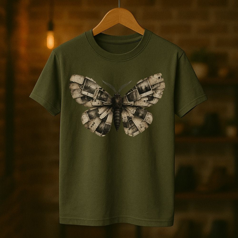 An olive green short-sleeve t-shirt hanging on a wooden hanger against a warm, blurred brick wall background. The shirt features a large graphic print of a moth with mechanical, metallic-looking gray and beige wings on the chest.