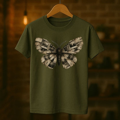 An olive green short-sleeve t-shirt hanging on a wooden hanger against a warm, blurred brick wall background. The shirt features a large graphic print of a moth with mechanical, metallic-looking gray and beige wings on the chest.