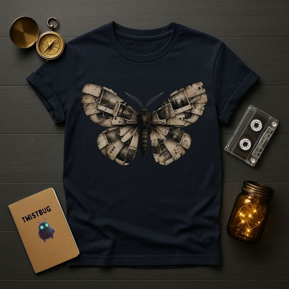 A navy blue crewneck t-shirt featuring a large moth graphic made of vintage mechanical parts, styled in a flat-lay on a dark wood background with a pocket watch, cassette tape, notebook, and glowing mason jar.