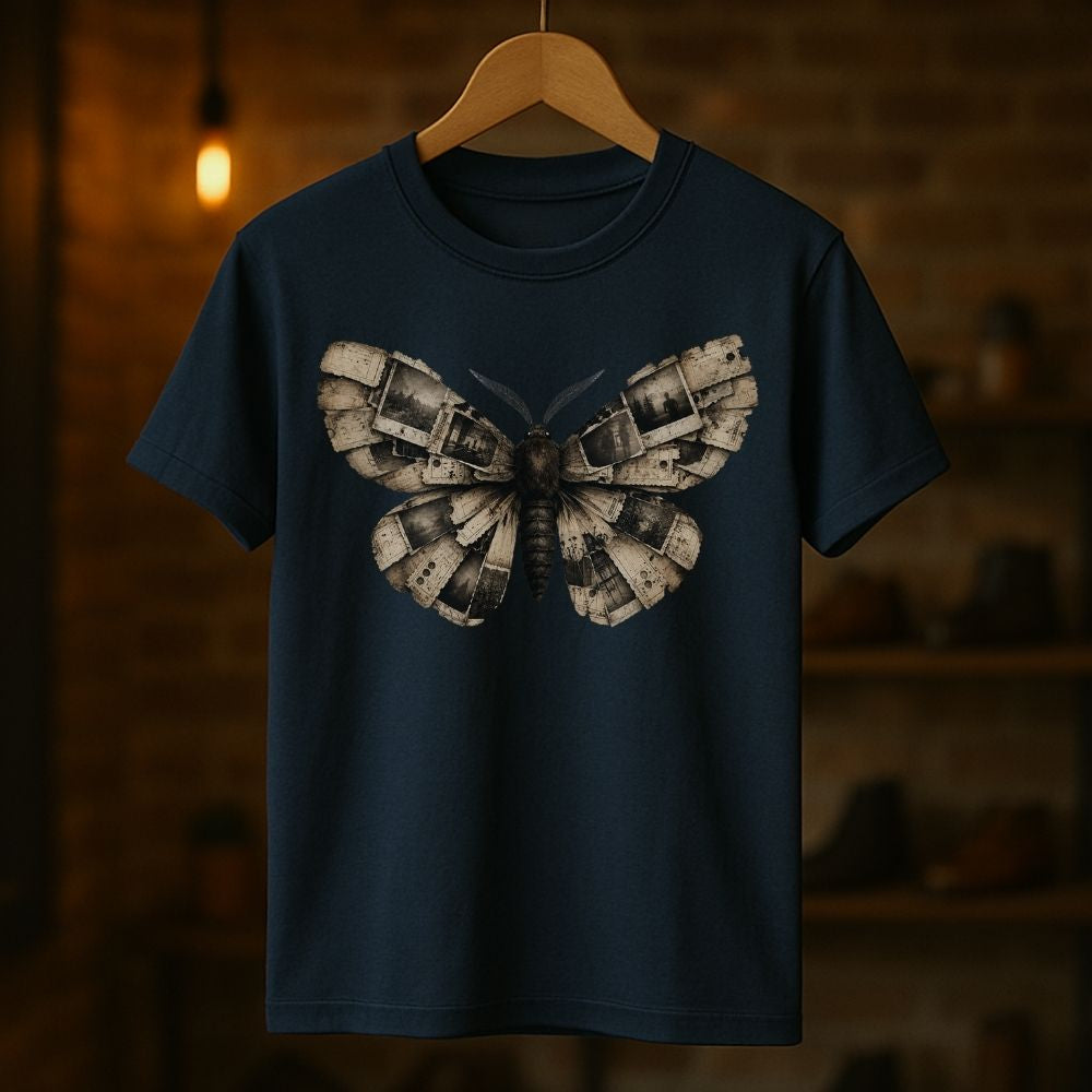 A navy blue short-sleeve t-shirt hanging on a wooden hanger against a warm, blurred background of a brick wall and shelves. The shirt features a large graphic print of a moth with metallic, steampunk-inspired wings in gray and silver tones.