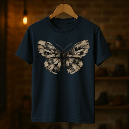 A navy blue short-sleeve t-shirt hanging on a wooden hanger against a warm, blurred background of a brick wall and shelves. The shirt features a large graphic print of a moth with metallic, steampunk-inspired wings in gray and silver tones.