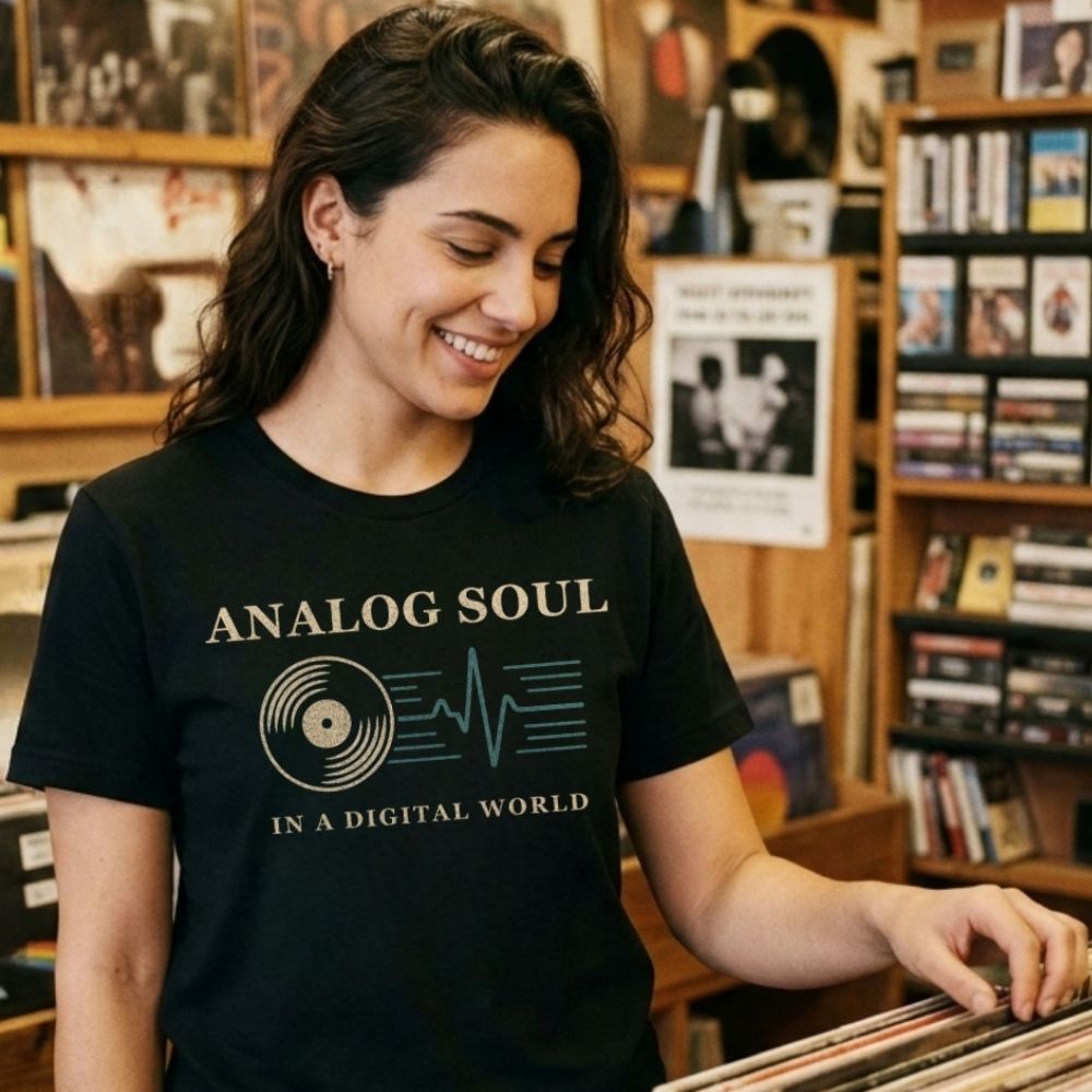 Woman wearing a black t-shirt with 'Analog Soul in a Digital World' design in a record store.