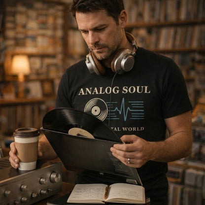 Man holding a vinyl record and a coffee cup in a record store.
