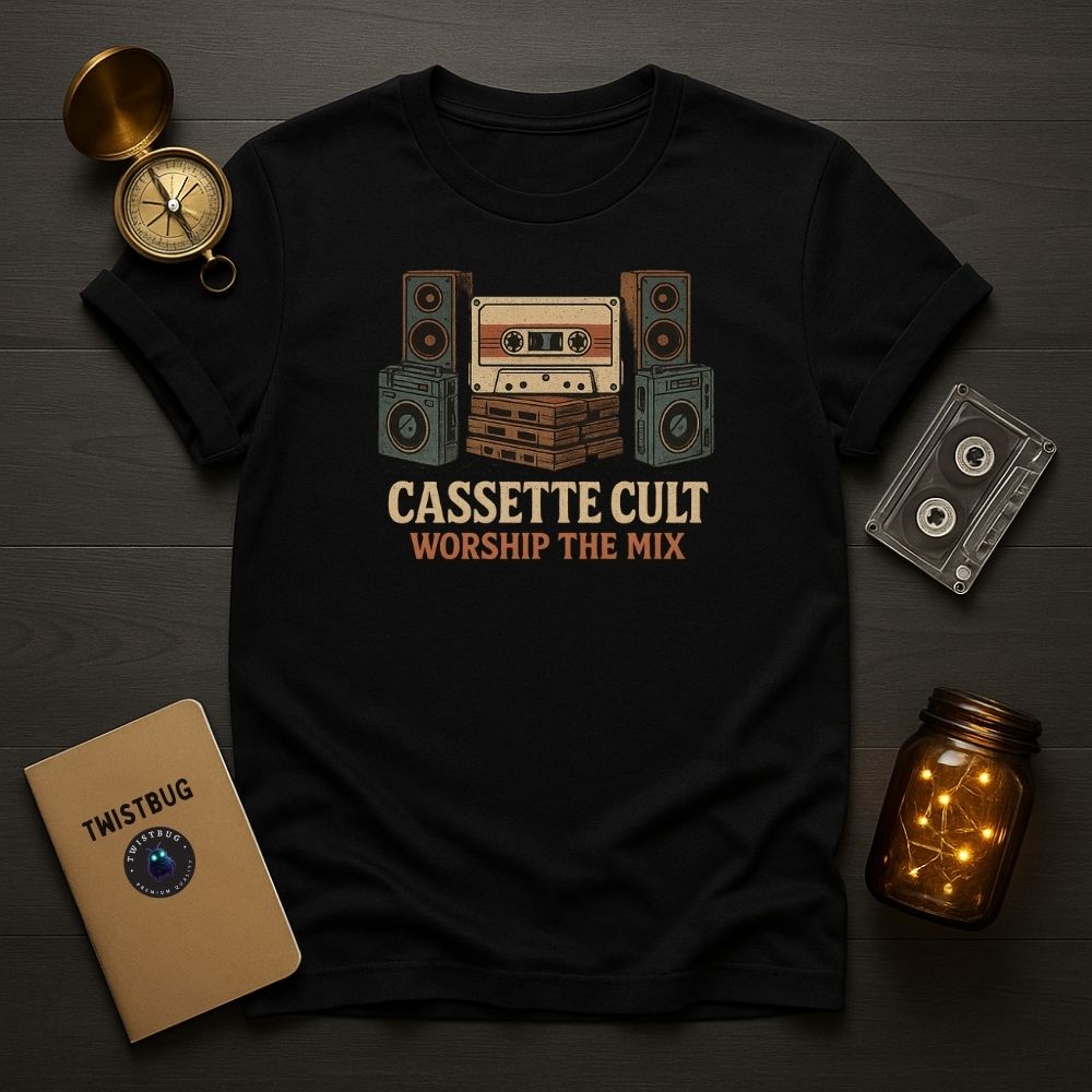Black T-shirt flat lay with “Cassette Cult – Worship the Mix” cassette and speakers graphic, vintage props.