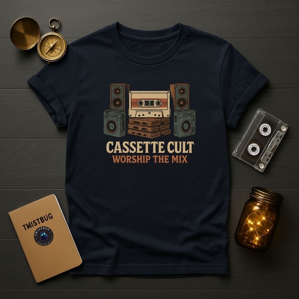 Navy retro music T-shirt featuring cassette stack and speakers, mixtape design, moody flat lay.