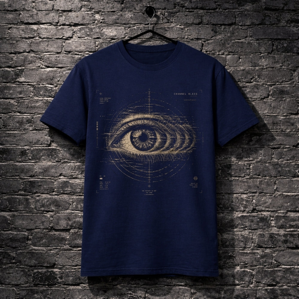 A navy blue short-sleeve t-shirt hanging on a black hanger against a dark gray brick wall. The shirt features a detailed graphic print of a human eye in beige and gold, surrounded by circular technical blueprint markings and the text 'CHARLES BLISS'.