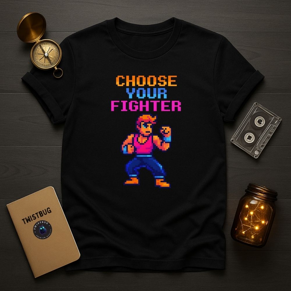 Black “Choose Your Fighter” retro pixel T-shirt flat lay with cassette and compass props.