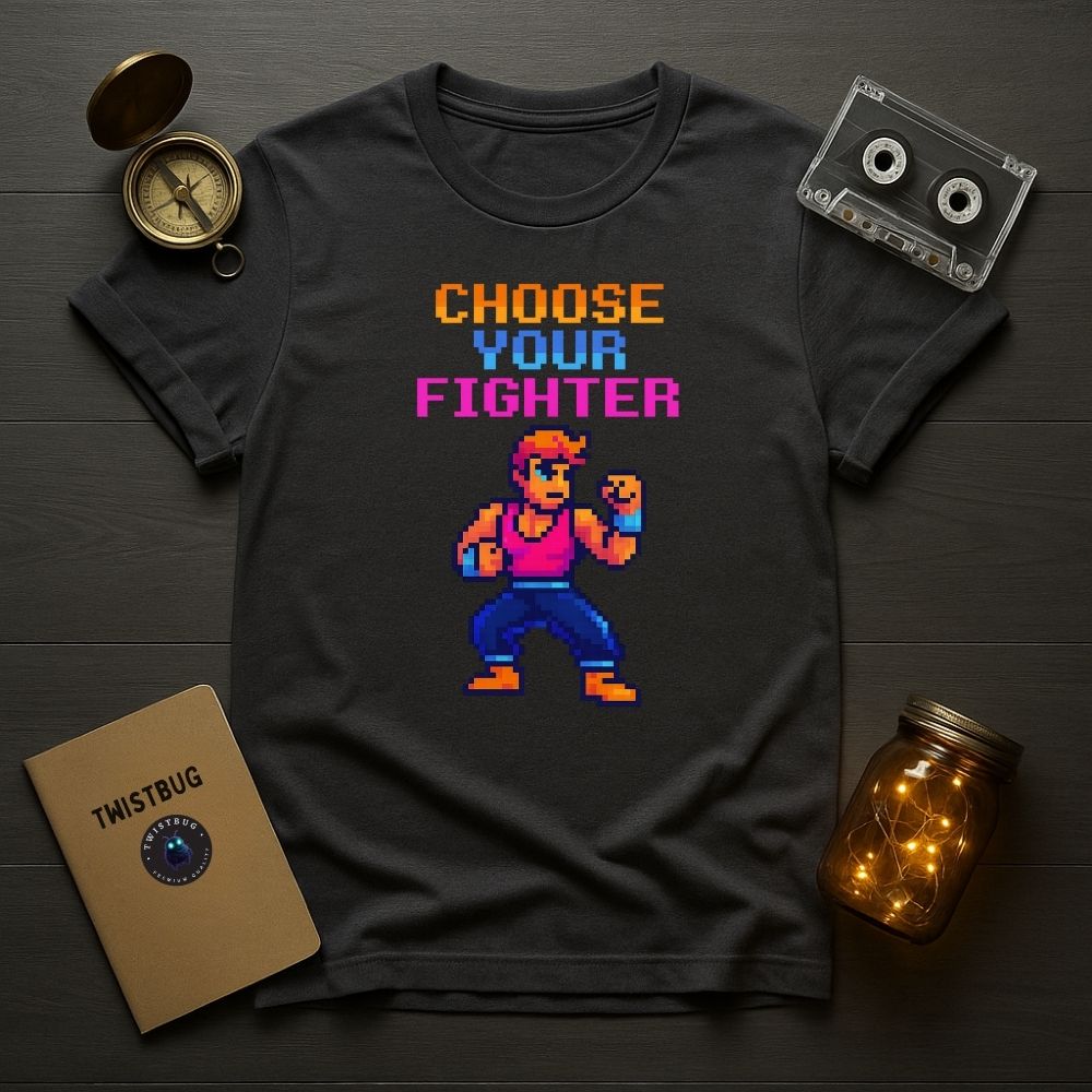 Charcoal gray retro gaming tee with pixel art fighter, flat lay on dark wood.