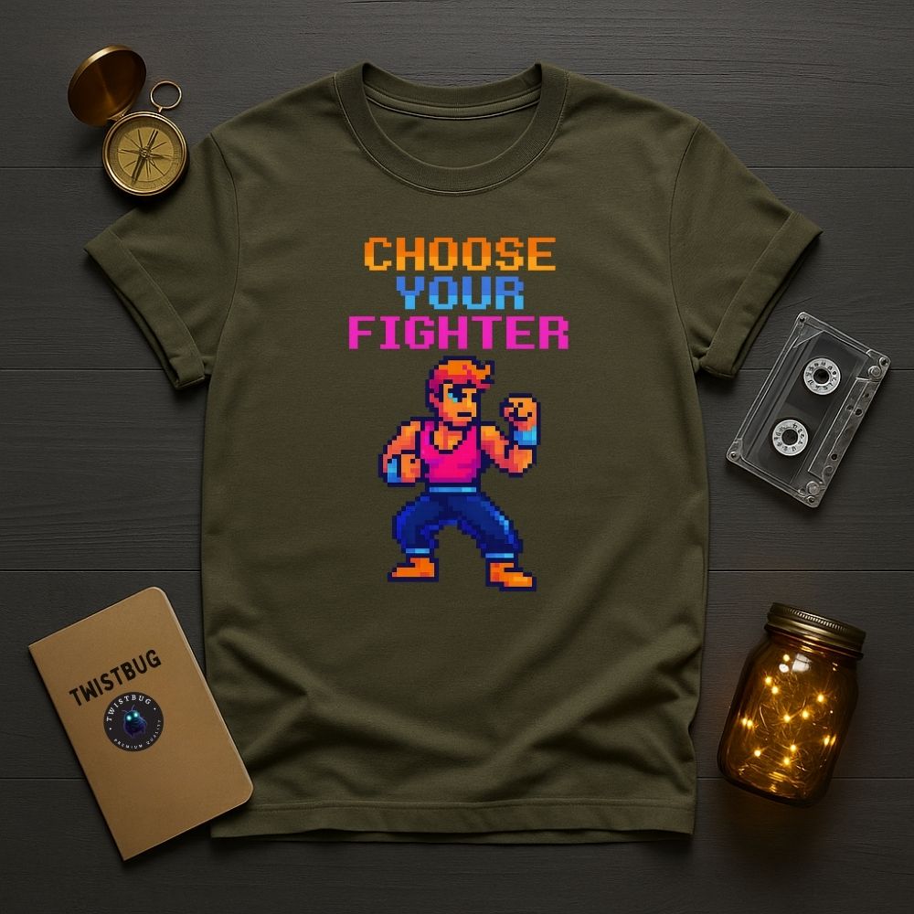 Military green pixel fighter T-shirt with vintage gamer vibe.
