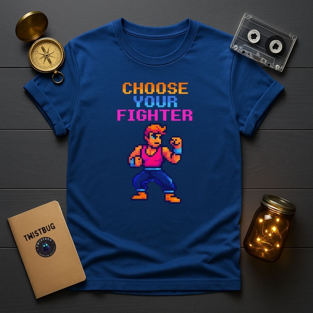 Royal blue 8-bit fighter T-shirt for nostalgic gamers.