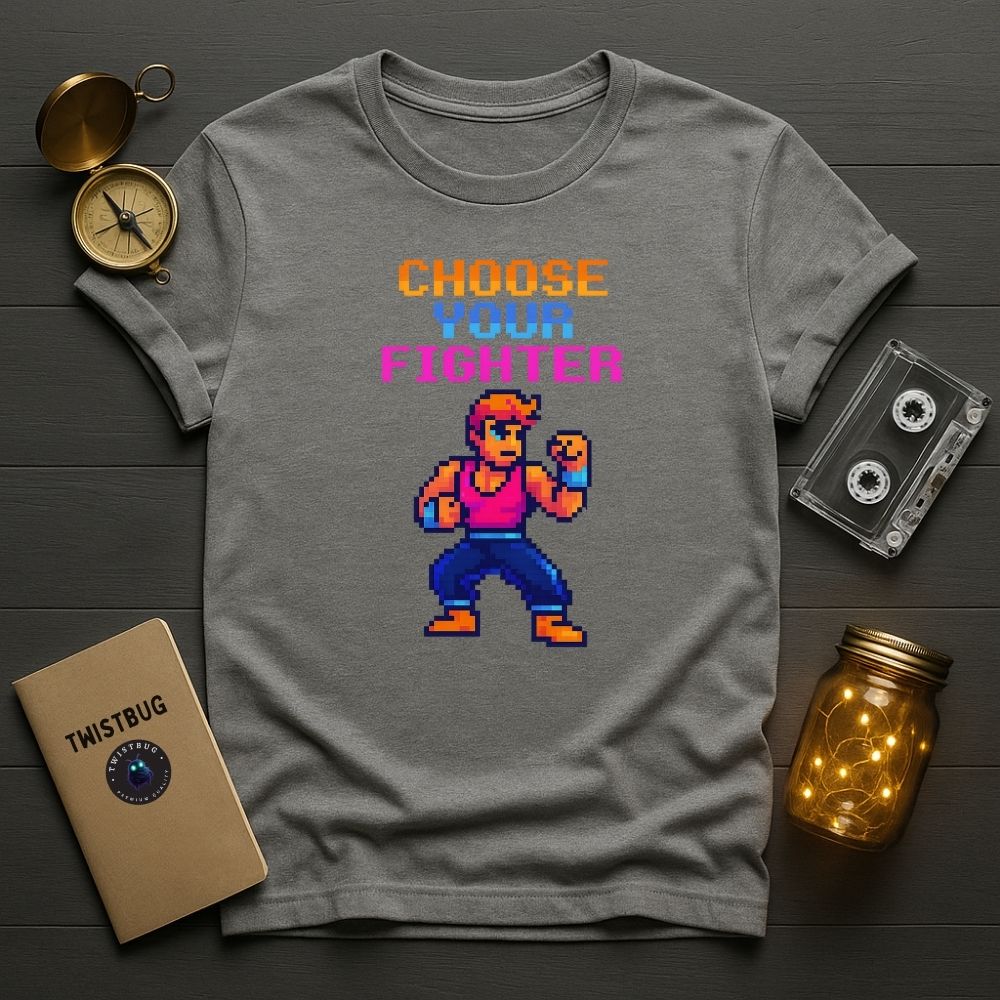 Sport grey “Choose Your Fighter” T-shirt for retro game fans
