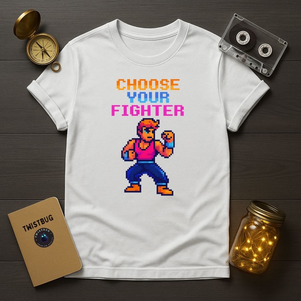 White pixel fighter gaming T-shirt, 8-bit style character design.
