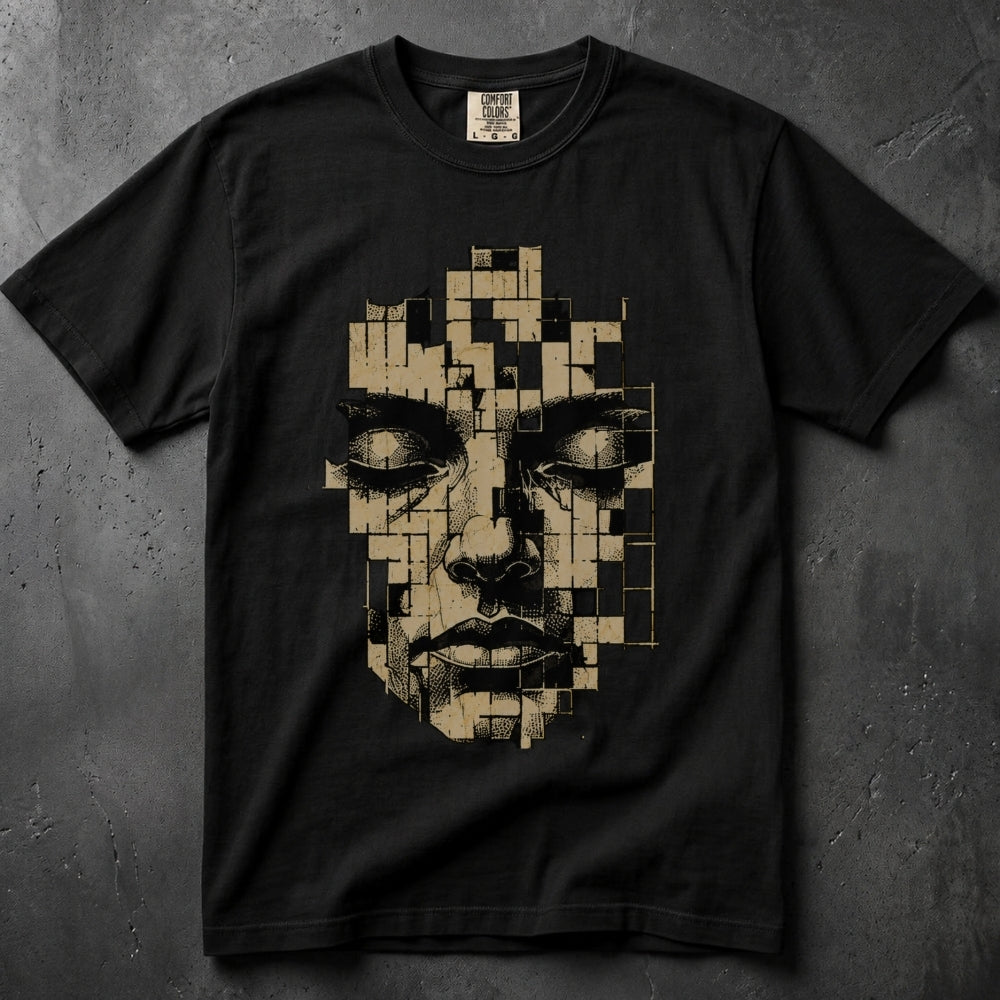 A black short-sleeve crewneck t-shirt featuring a large graphic print of a human face composed of beige and black pixelated blocks, laid flat on a textured dark gray background.