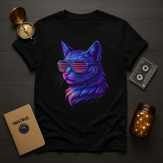 Black “Cyber Cat” T-shirt with neon vaporwave cat wearing retro sunglasses, flat lay with cassette and notebook.