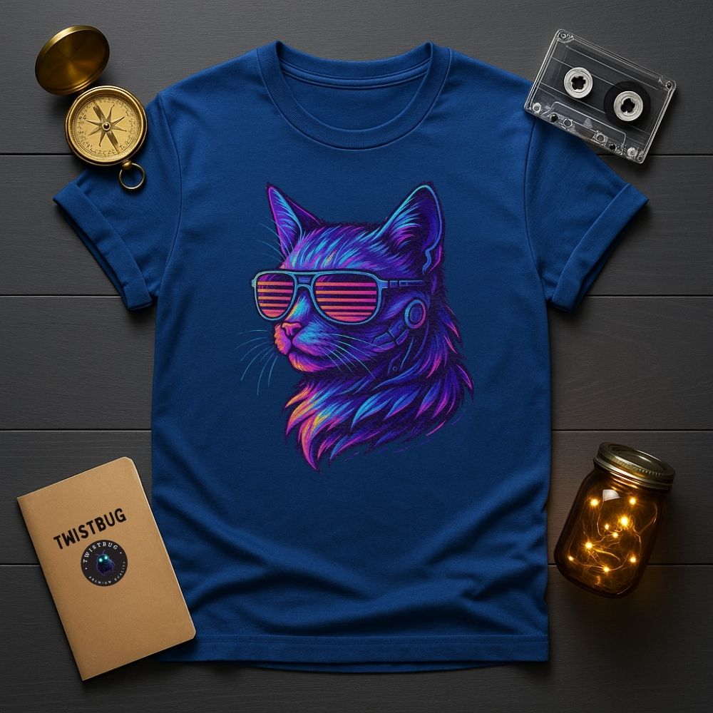 Royal blue retro cat tee, vibrant synthwave design flat lay