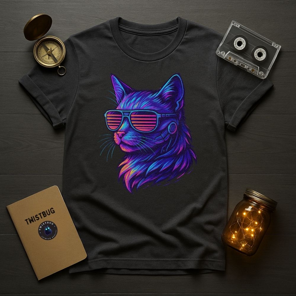 Charcoal neon cyberpunk cat T-shirt with glowing purple and pink hues