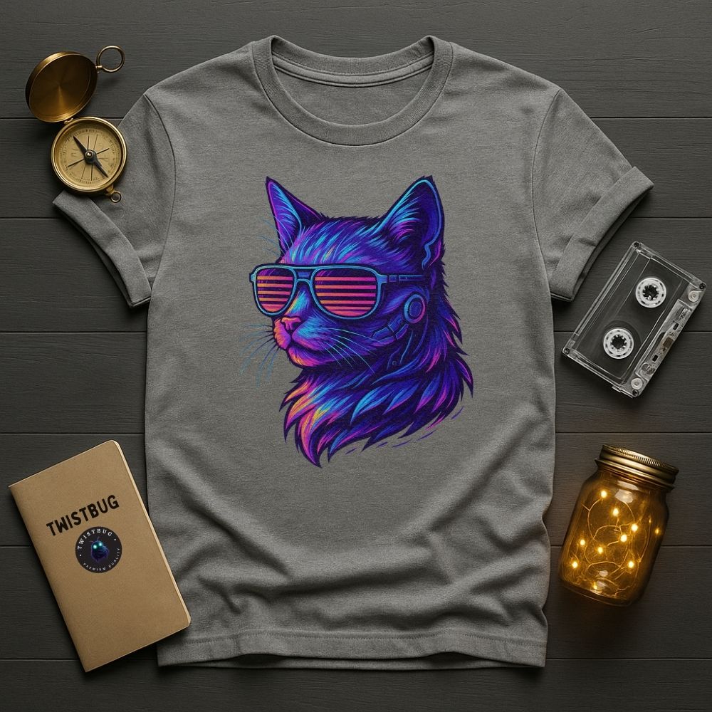 Sport grey neon cyber cat T-shirt with trippy vaporwave tones.