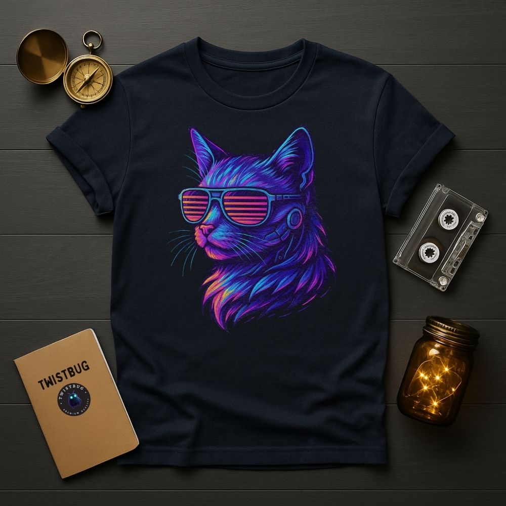 Navy cyber cat shirt, neon 80s aesthetic graphic.