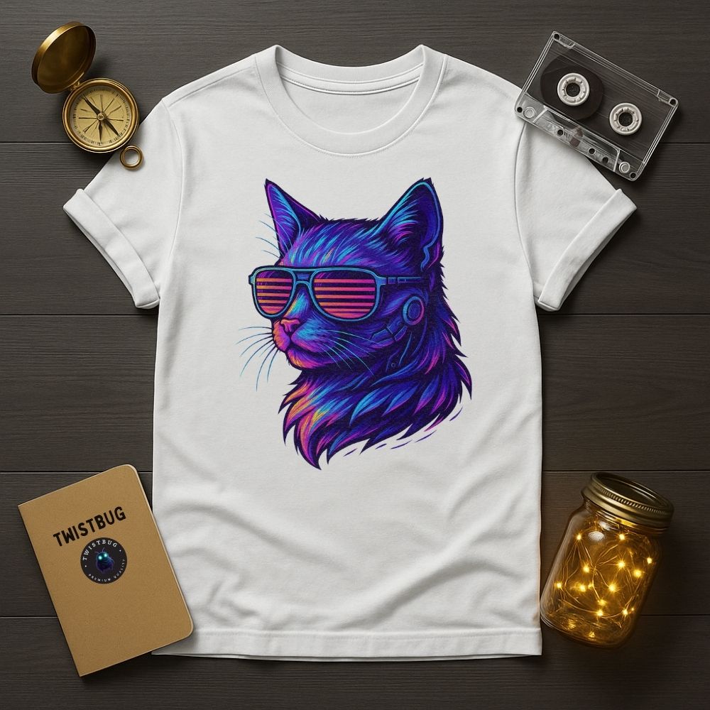 White vaporwave cat shirt, futuristic neon feline design.