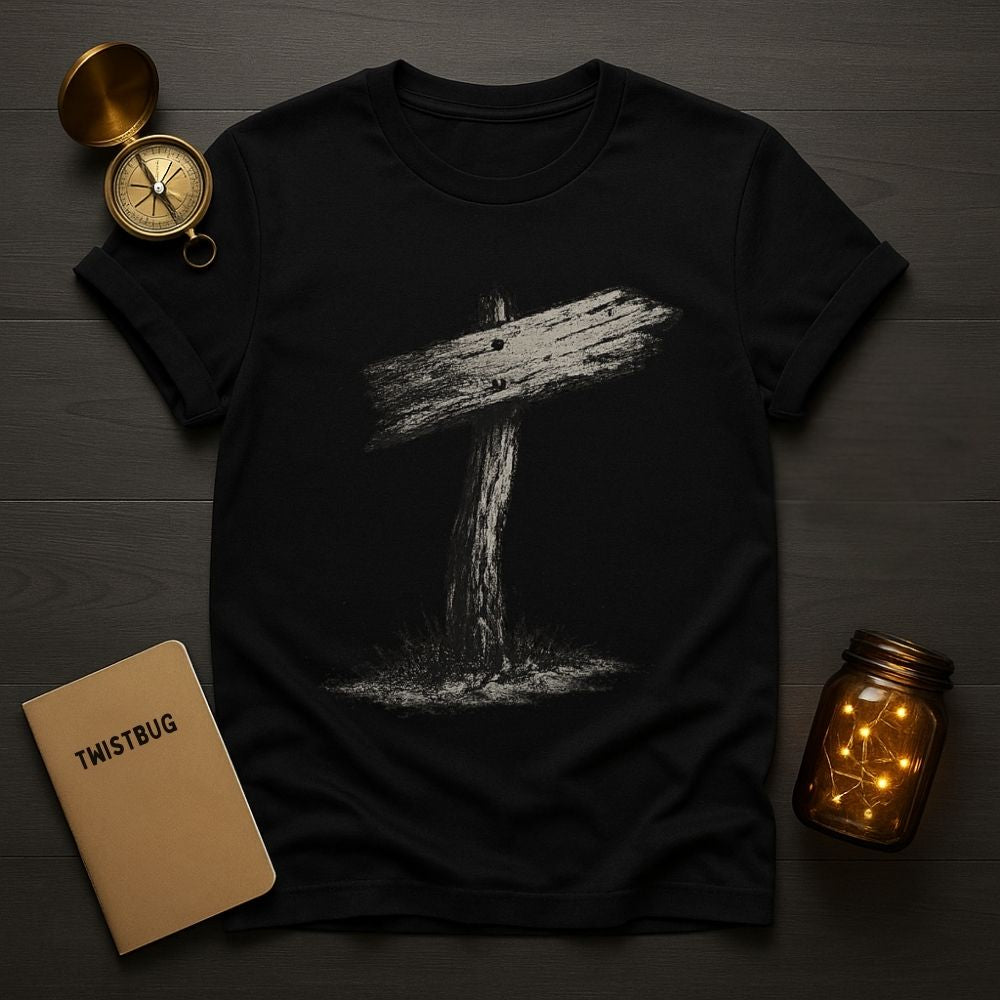 Black t-shirt with a graphic design on a wooden surface with a compass, notebook, and jar.
