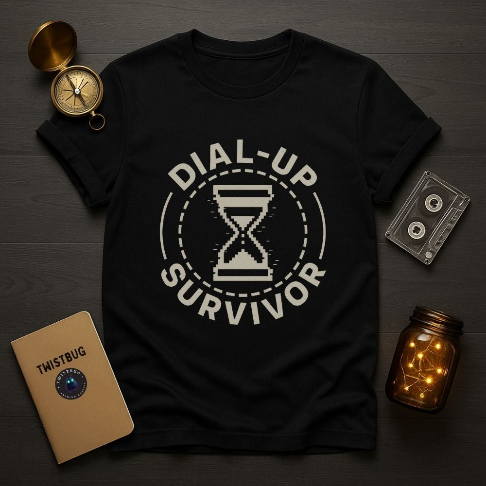 Black Dial-Up Survivor unisex T-shirt flat lay with retro accessories, digital nostalgia graphic tee