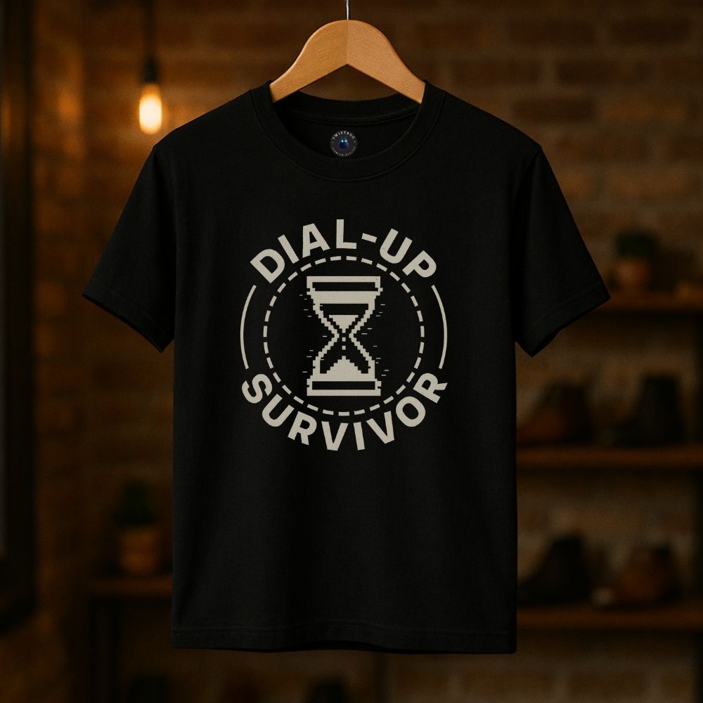 Black unisex T-shirt with “Dial-Up Survivor” hourglass graphic, retro tech inspired design on hanger