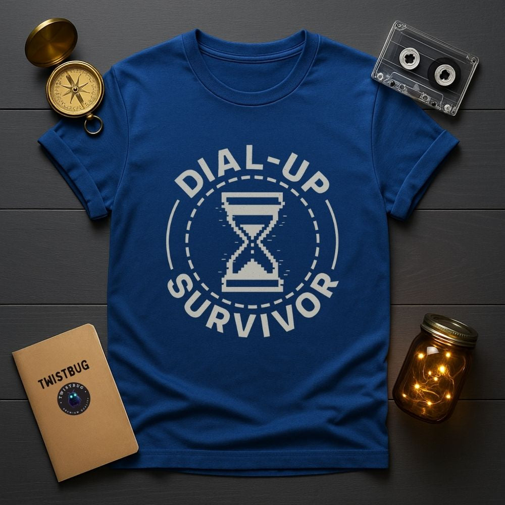 Blue Dial-Up Survivor T-shirt flat lay with vintage compass and cassette tape, retro tech aesthetic