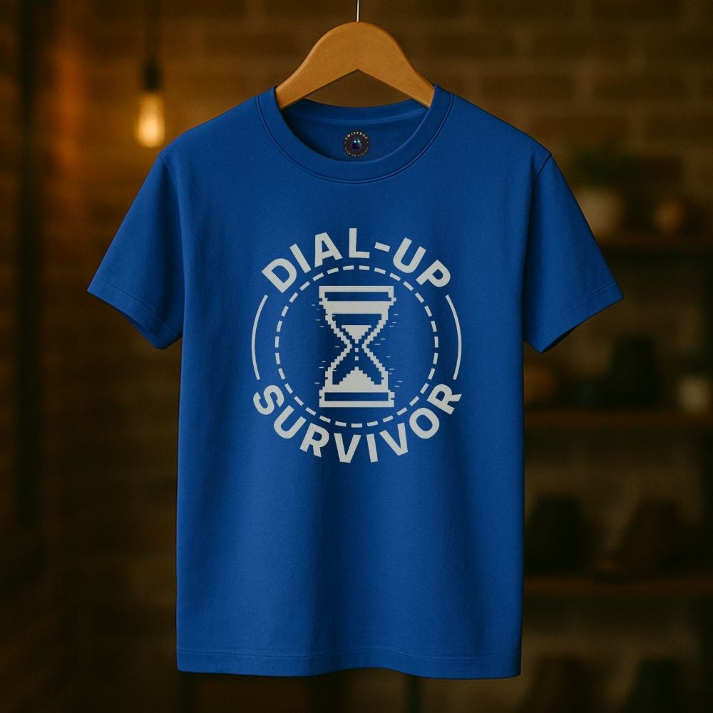 Blue unisex T-shirt featuring Dial-Up Survivor retro hourglass graphic, minimalist tech nostalgia design